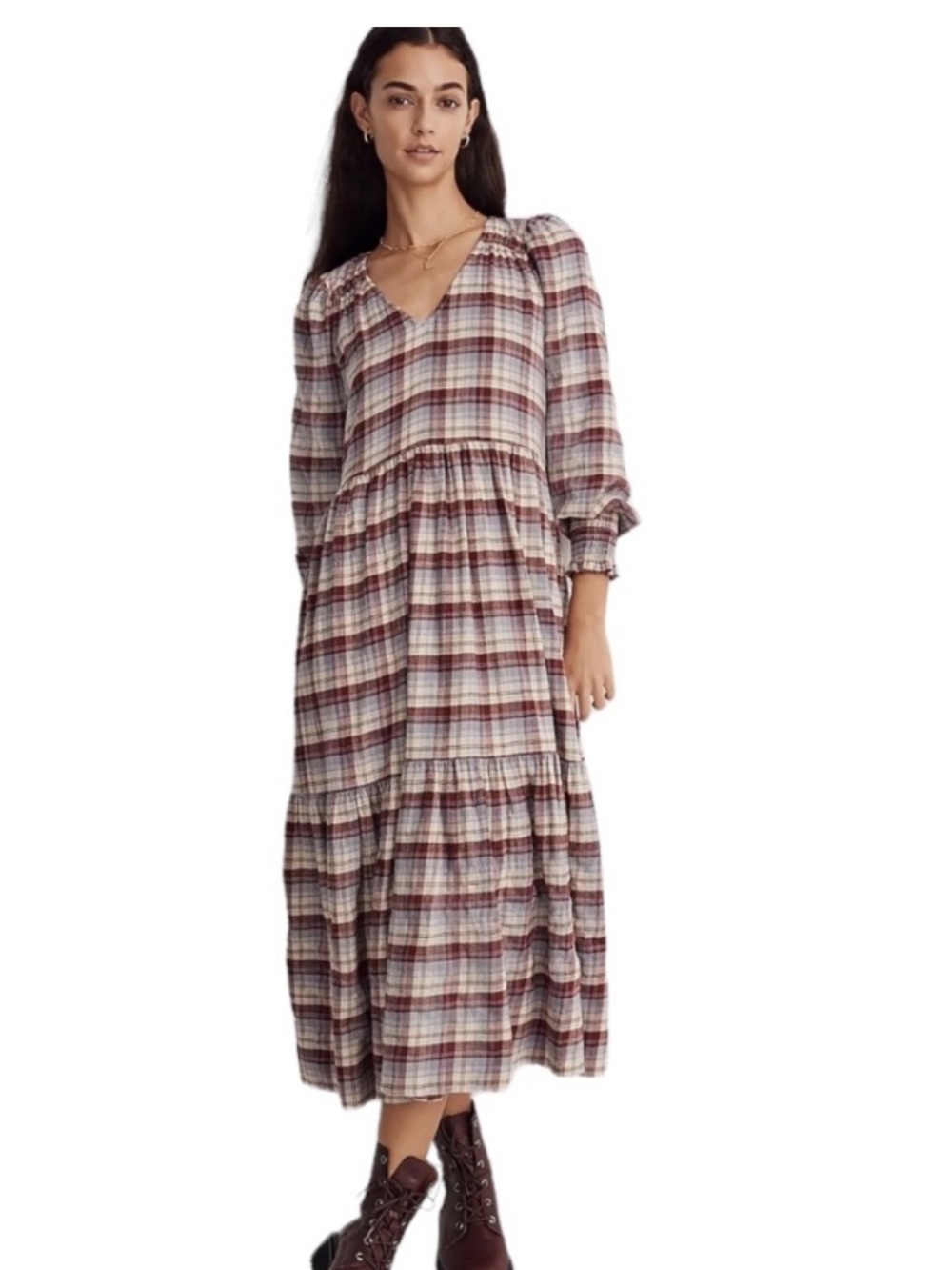 Madewell Plaid Tiered Midi Dress Size Medium cottage core prairie boho chic